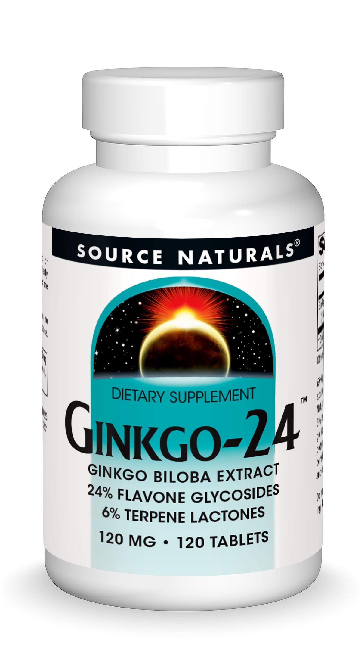 Source Naturals Ginkgo-24 bottle label highlighting standardized extract for cognitive support.