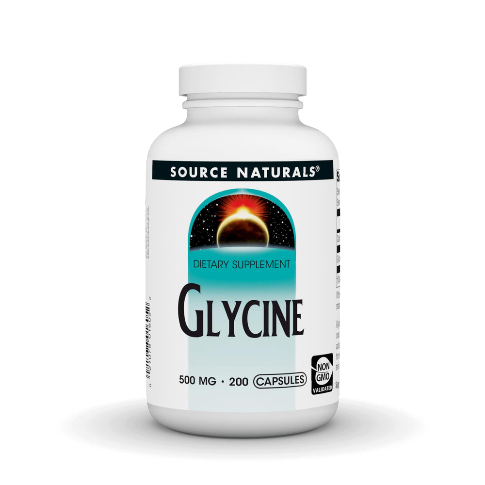 Source Naturals Glicina 500 mg en botella, apoyo a la síntesis de proteínas.