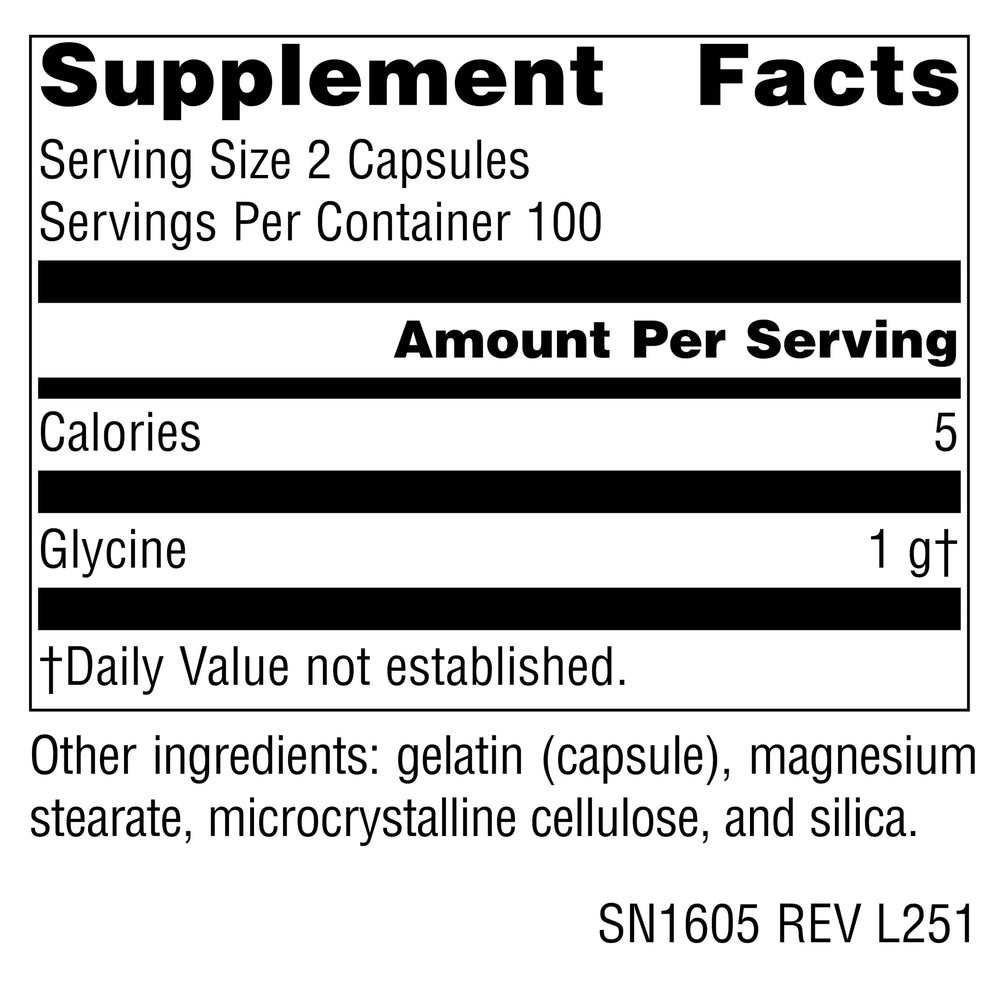 Source Naturals Glicina 500 mg cápsulas, uso diario para apoyo proteico.