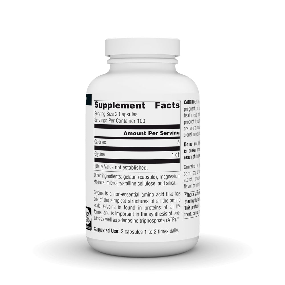 Source Naturals Glicina 500 mg etiqueta frontal, dosis clara.