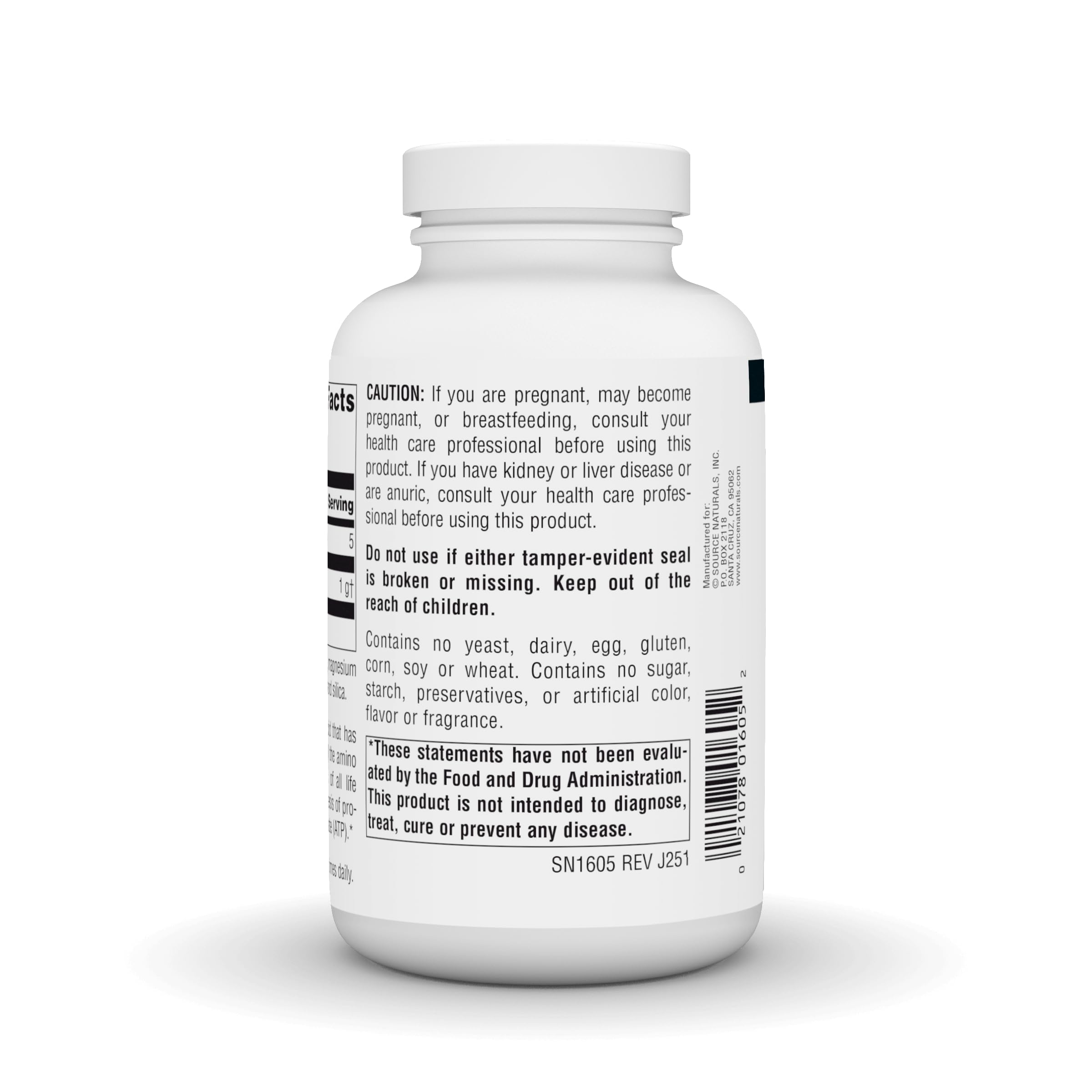 Source Naturals Glicina 500 mg etiqueta trasera, detalles de composición.