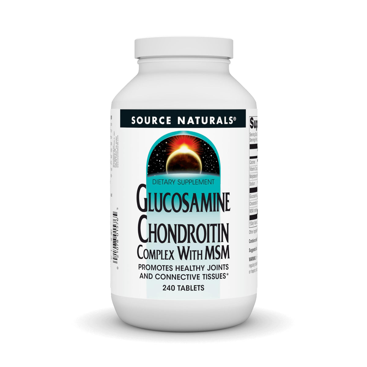 Source Naturals glucosamine chondroitin MSM bottle close-up for joint support.
