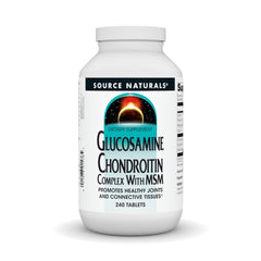 Source Naturals glucosamine chondroitin MSM bottle close-up for joint support.