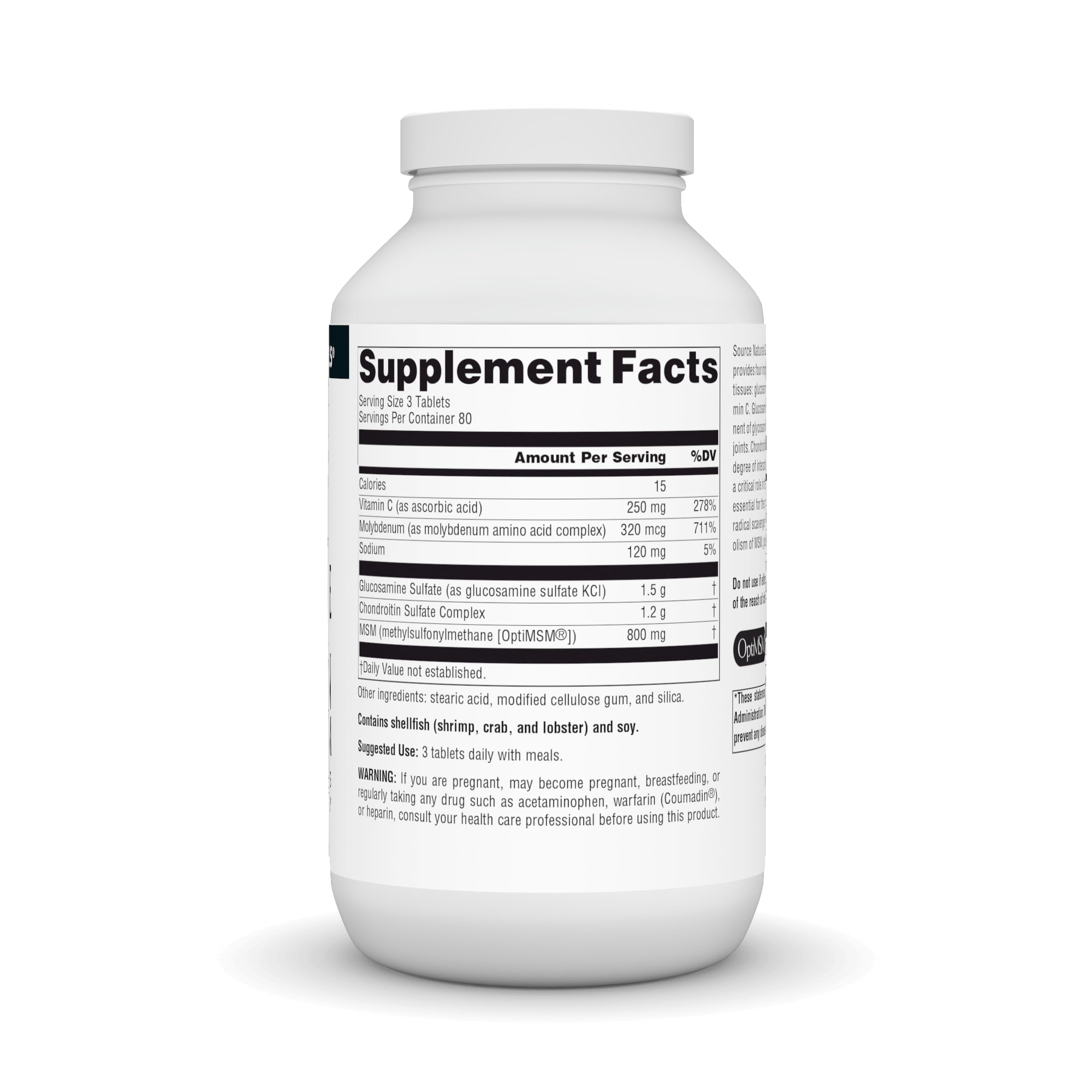 Source Naturals glucosamine chondroitin MSM capsules on a white surface.