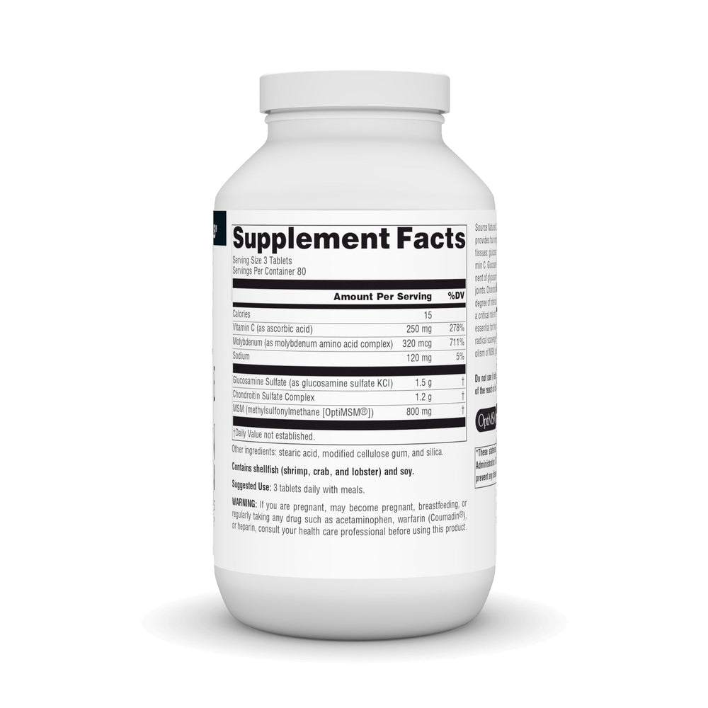 Source Naturals glucosamine chondroitin MSM capsules on a white surface.