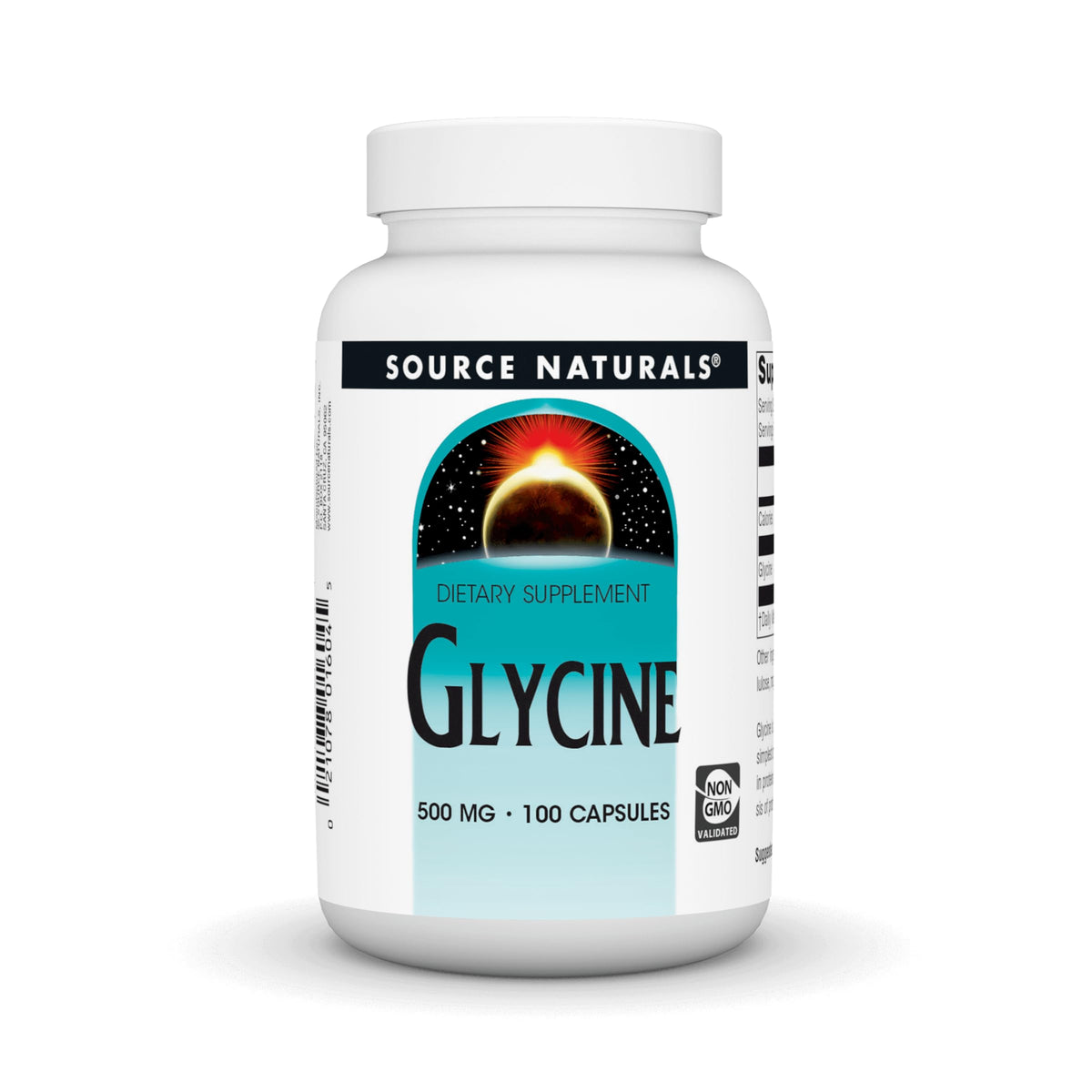 Source Naturals Glycine 500 mg bottle pouring capsules for daily amino acid support.