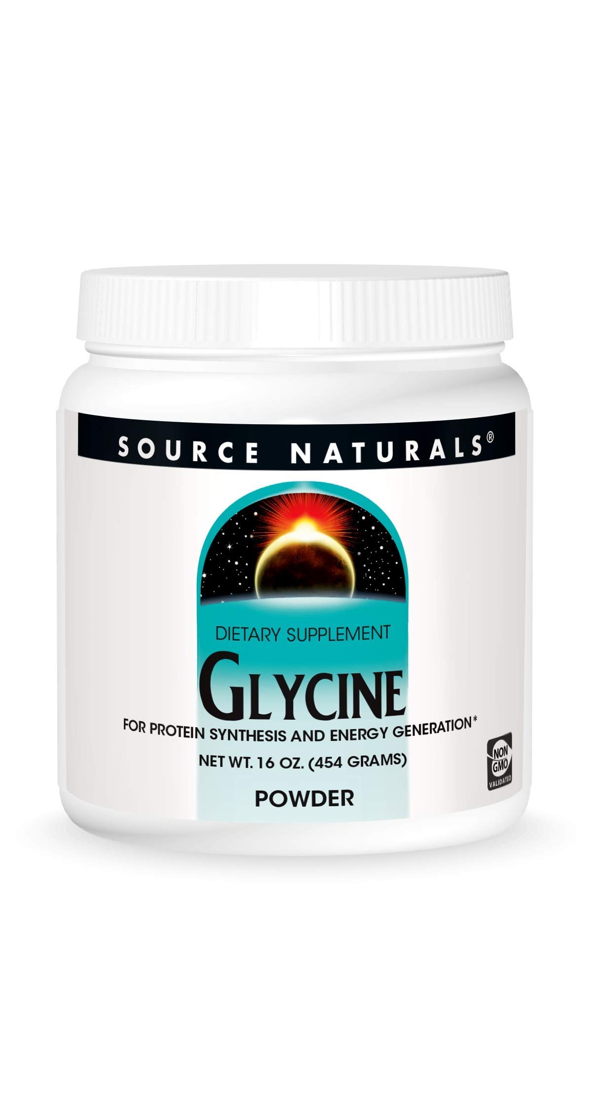 Source Naturals Glycine powder container with scoop for easy daily mixing.