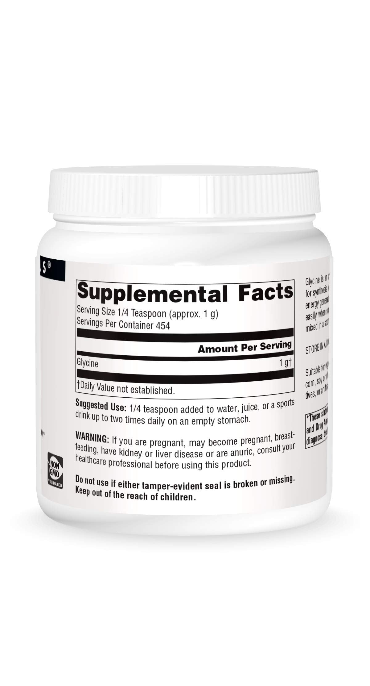Source Naturals Glycine powder bottle label showing vegetarian and allergen-free features.