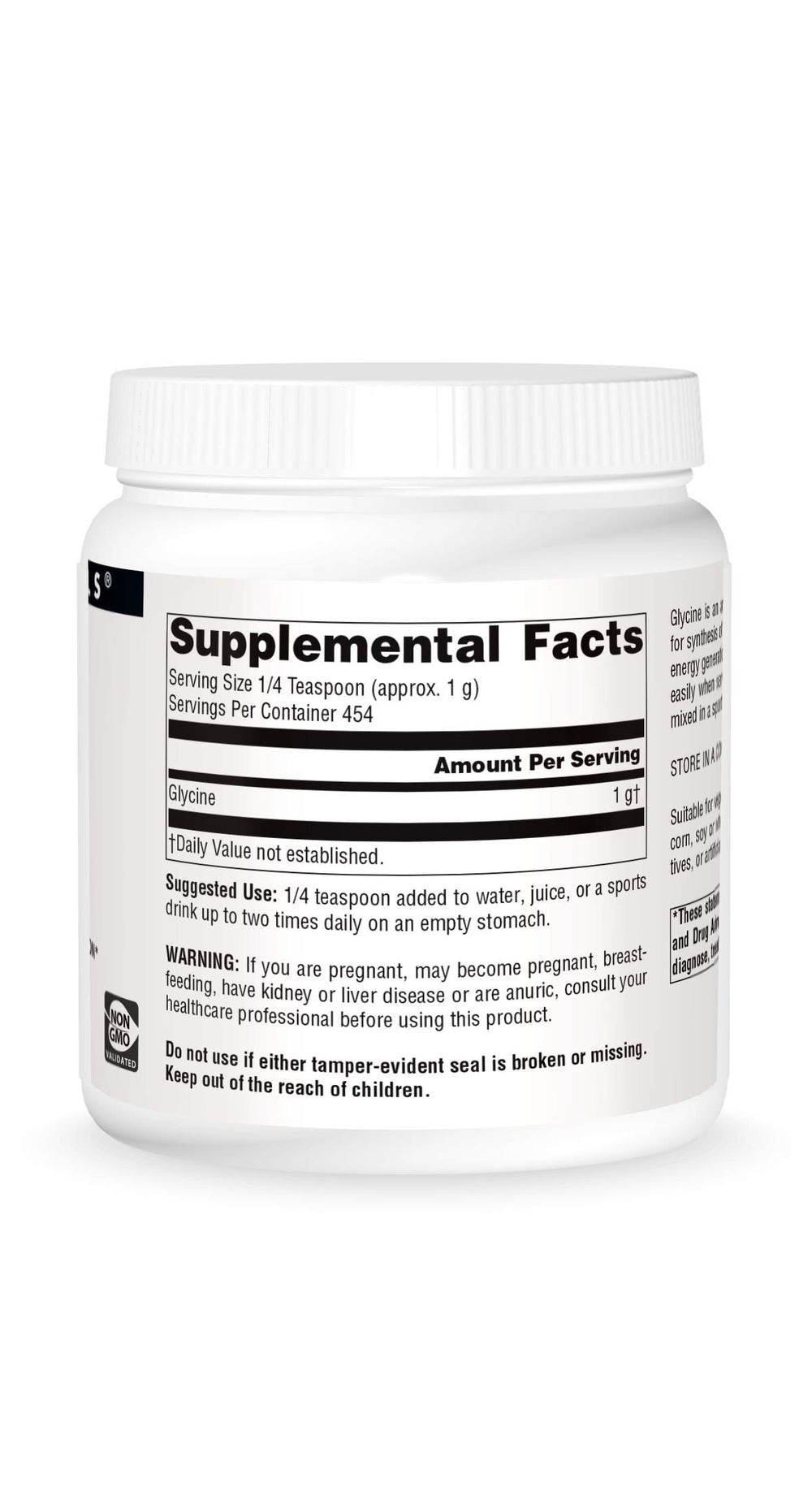 Source Naturals Glycine powder bottle label showing vegetarian and allergen-free features.