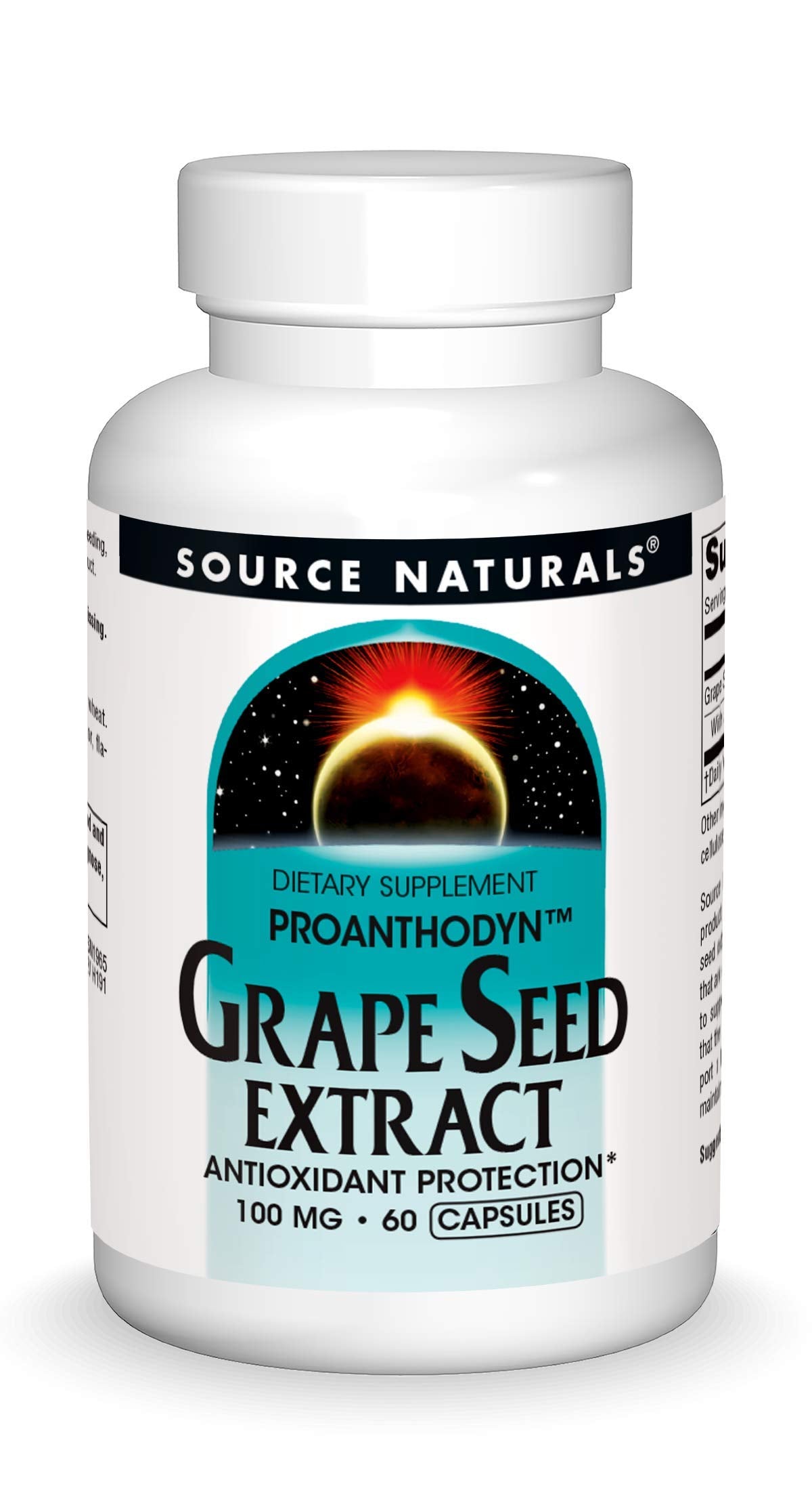 Source Naturals Grape Seed Extract bottle and capsules suggesting circulatory support