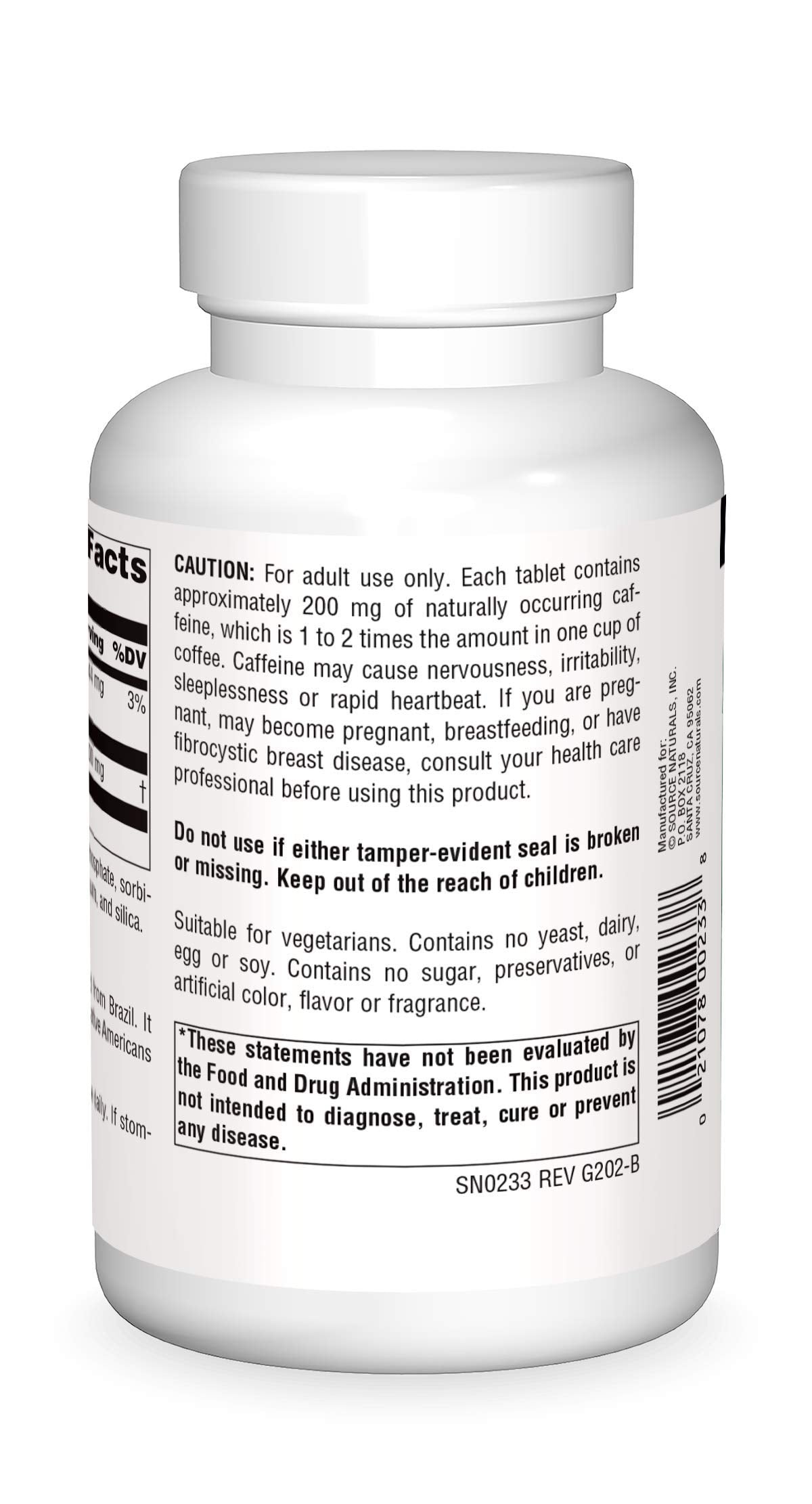Source Naturals Guarana Energizer bottle label highlights caffeine-based energy.