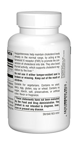 Label on Source Naturals Guggulsterones bottle highlights FXR-driven bile acid synthesis.