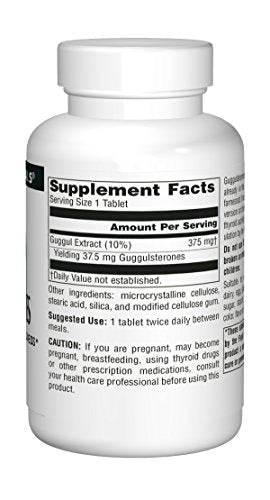 Closeup of Guggulsterones tablets showing dosage for daily support.