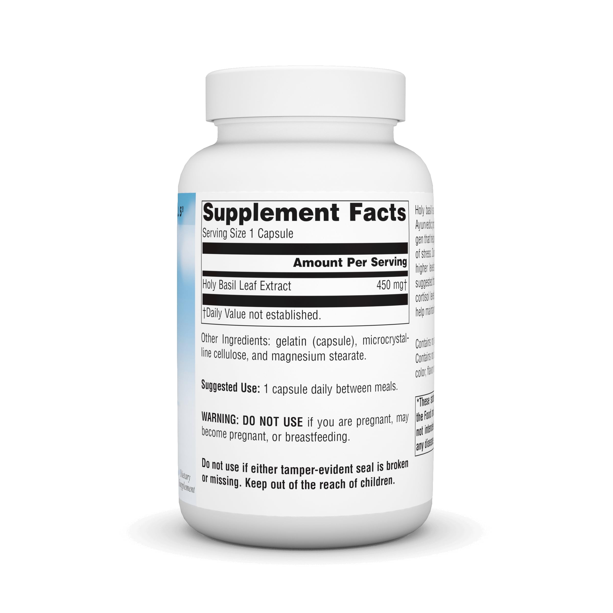 Source Naturals Holy Basil Extract capsules close-up showing 450 mg dose.