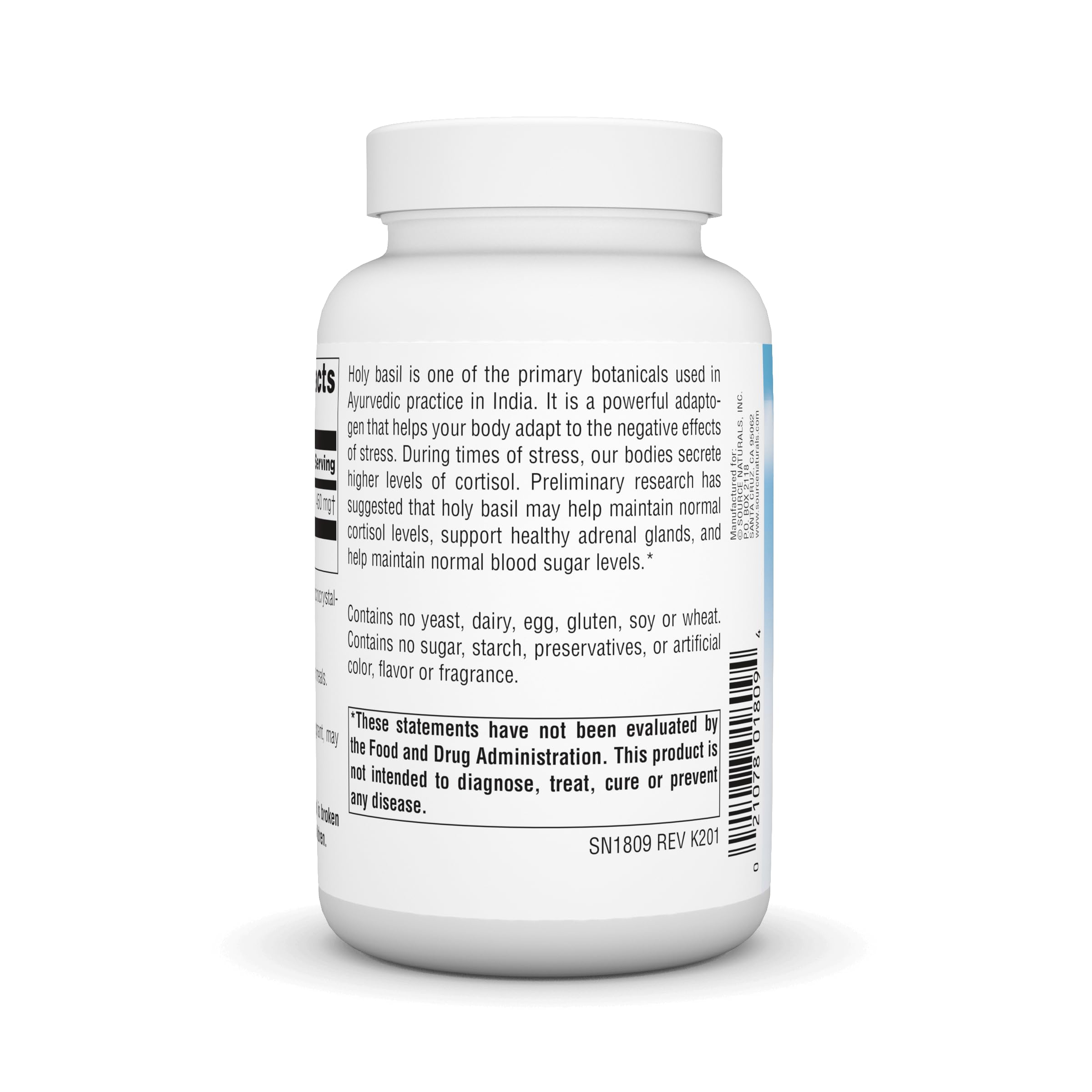Label detail for Source Naturals Holy Basil Extract highlights allergen-free ingredients.