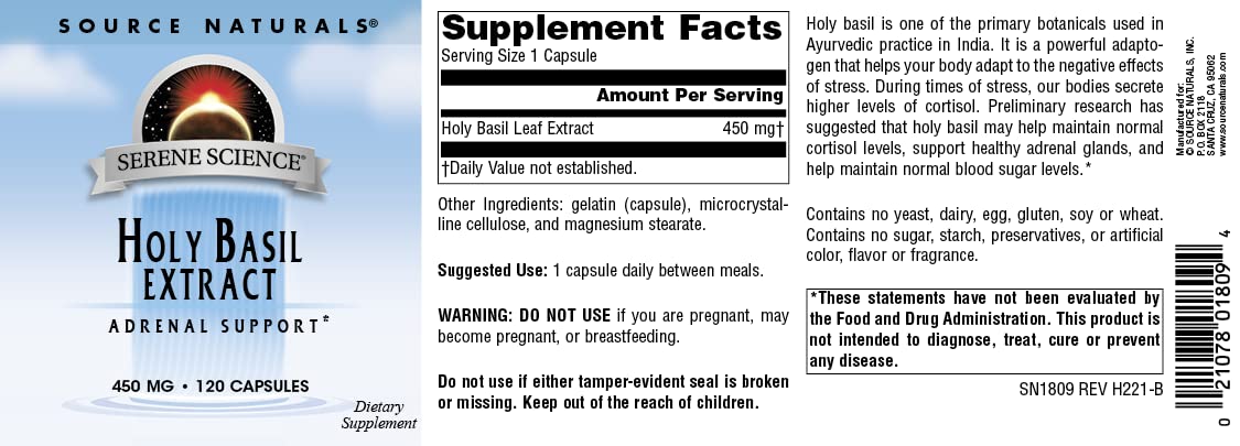 Packaging display of Source Naturals Holy Basil Extract for convenient daily use.