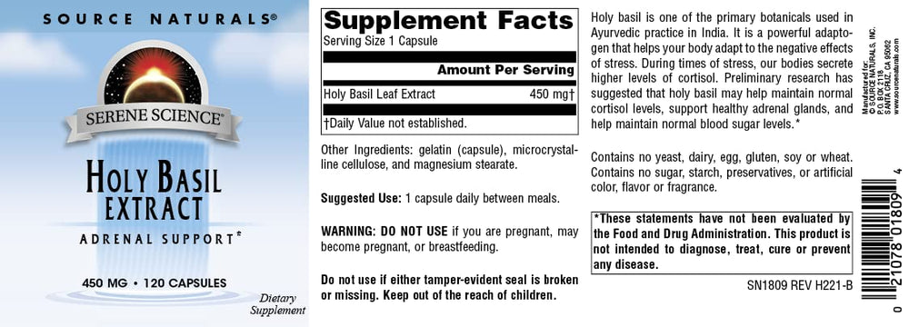 Packaging display of Source Naturals Holy Basil Extract for convenient daily use.