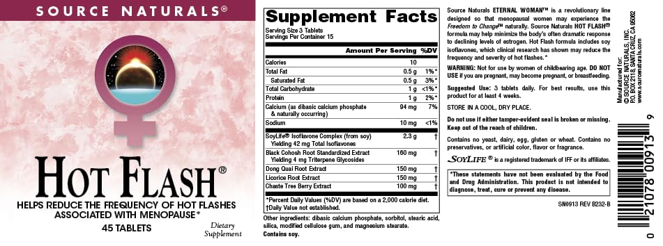 Back label on Source Naturals Hot Flash bottle provides dosage guidance for daily use.