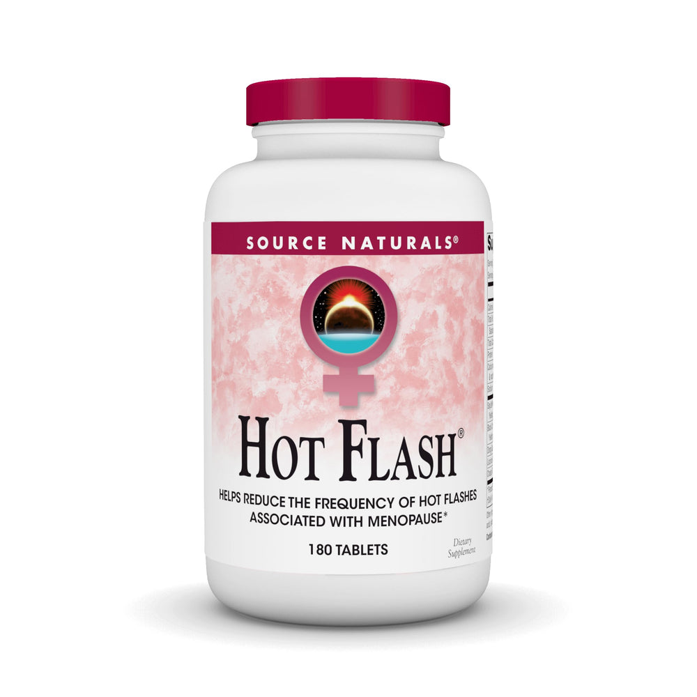 Source Naturals Hot Flash bottle shows 180 tablets for daily support.
