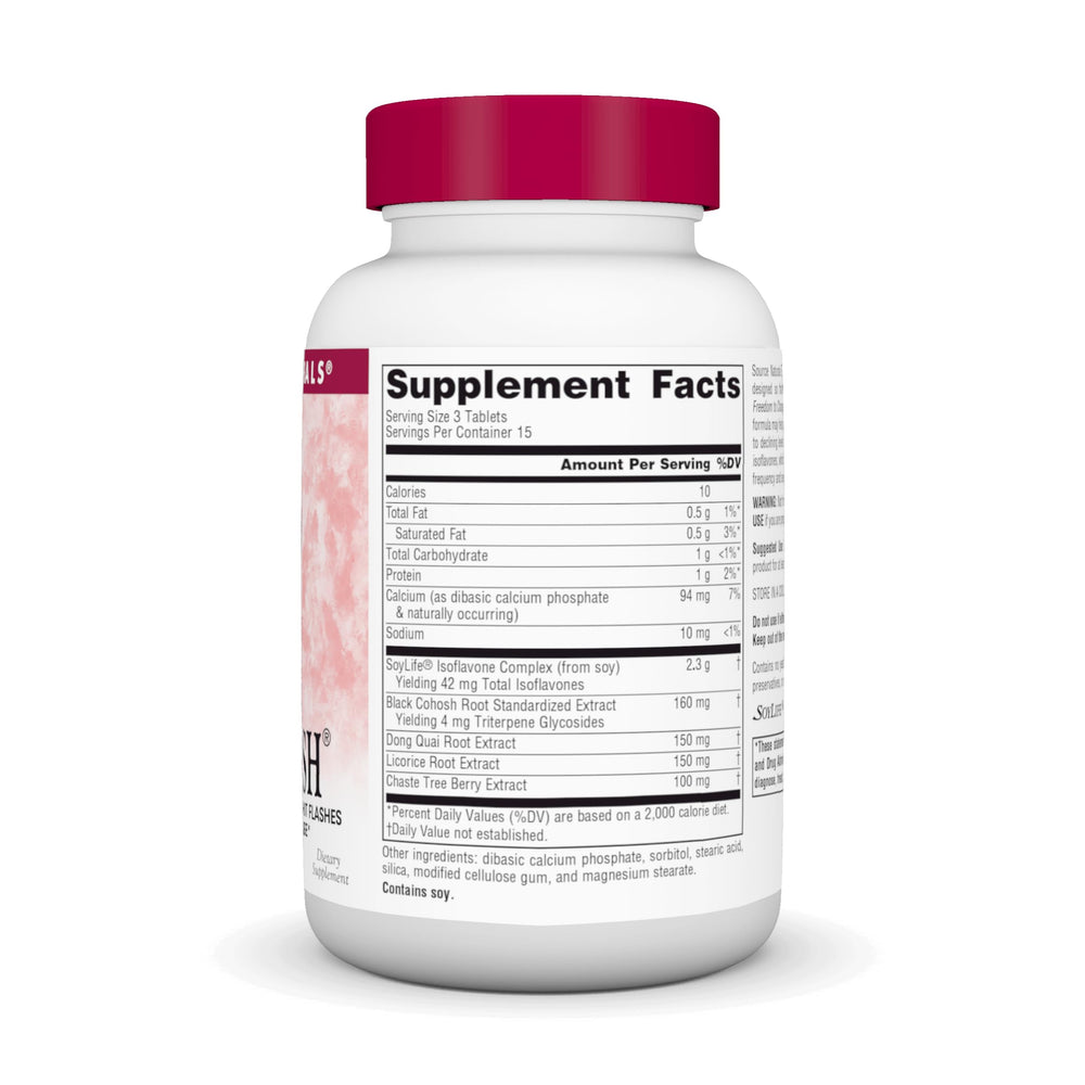 Close-up of Source Naturals Hot Flash tablets highlighting a non-GMO soy formula for menopause support.