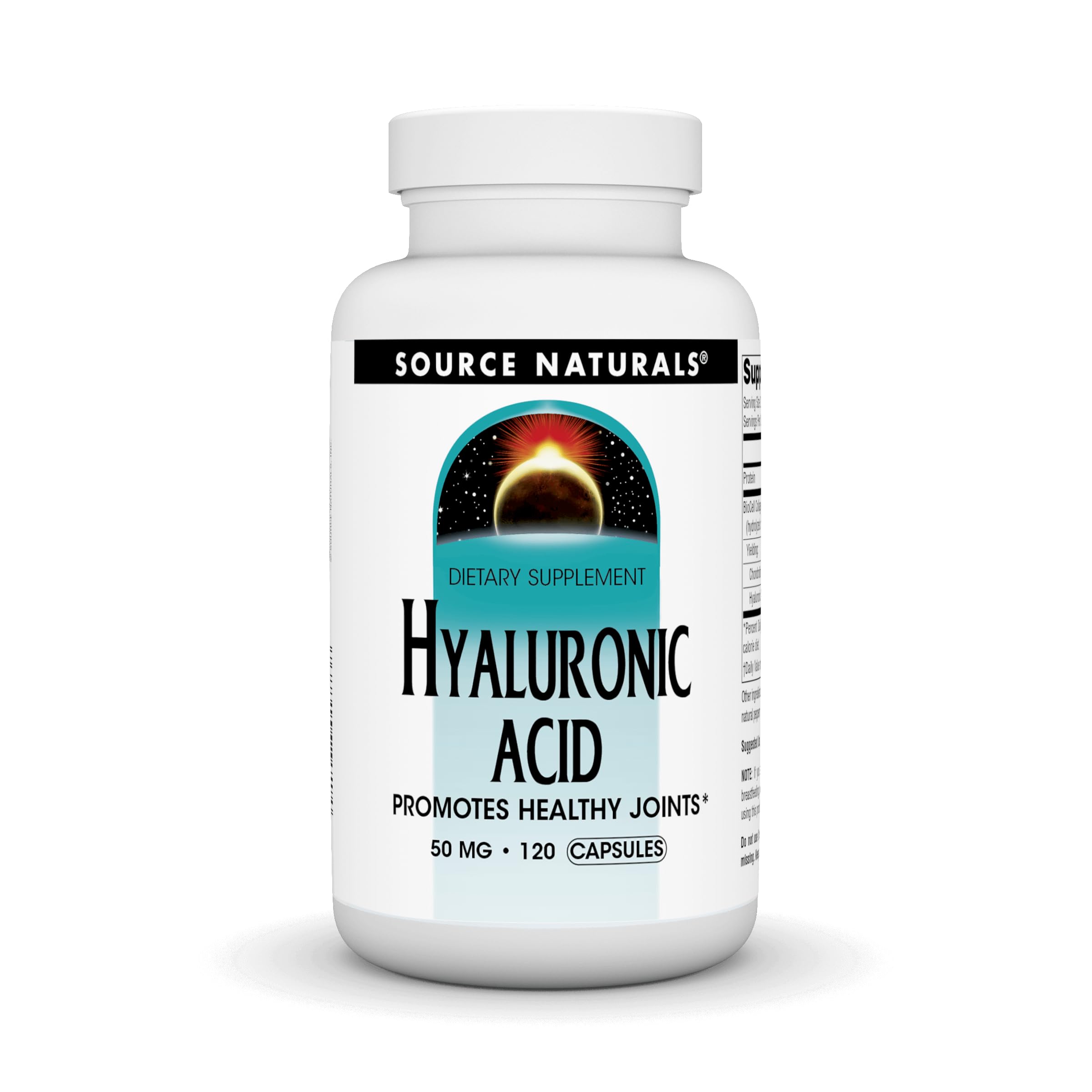 Source Naturals Hyaluronic Acid bottle showing joint support and absorption focus.