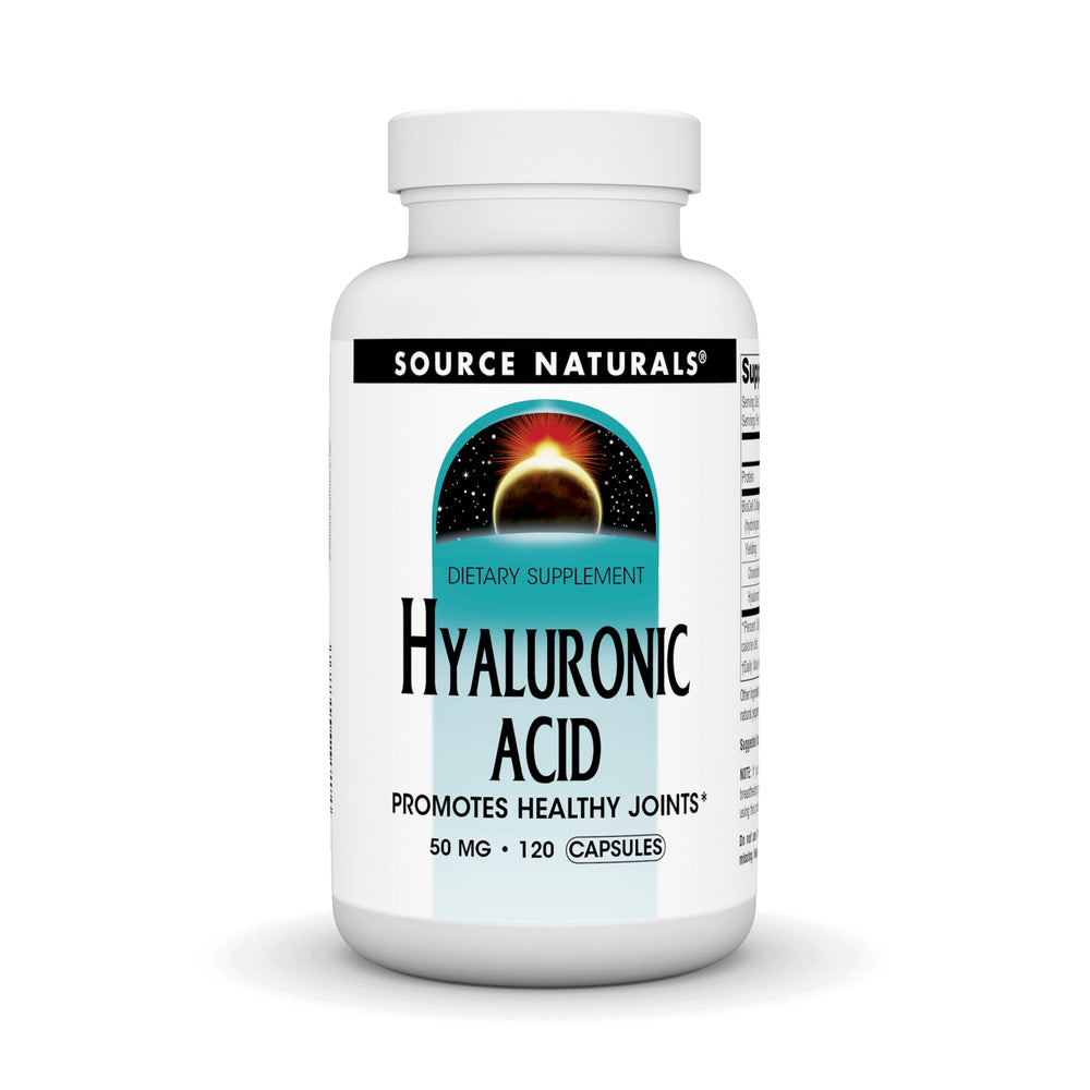 Source Naturals Hyaluronic Acid bottle showing joint support and absorption focus.