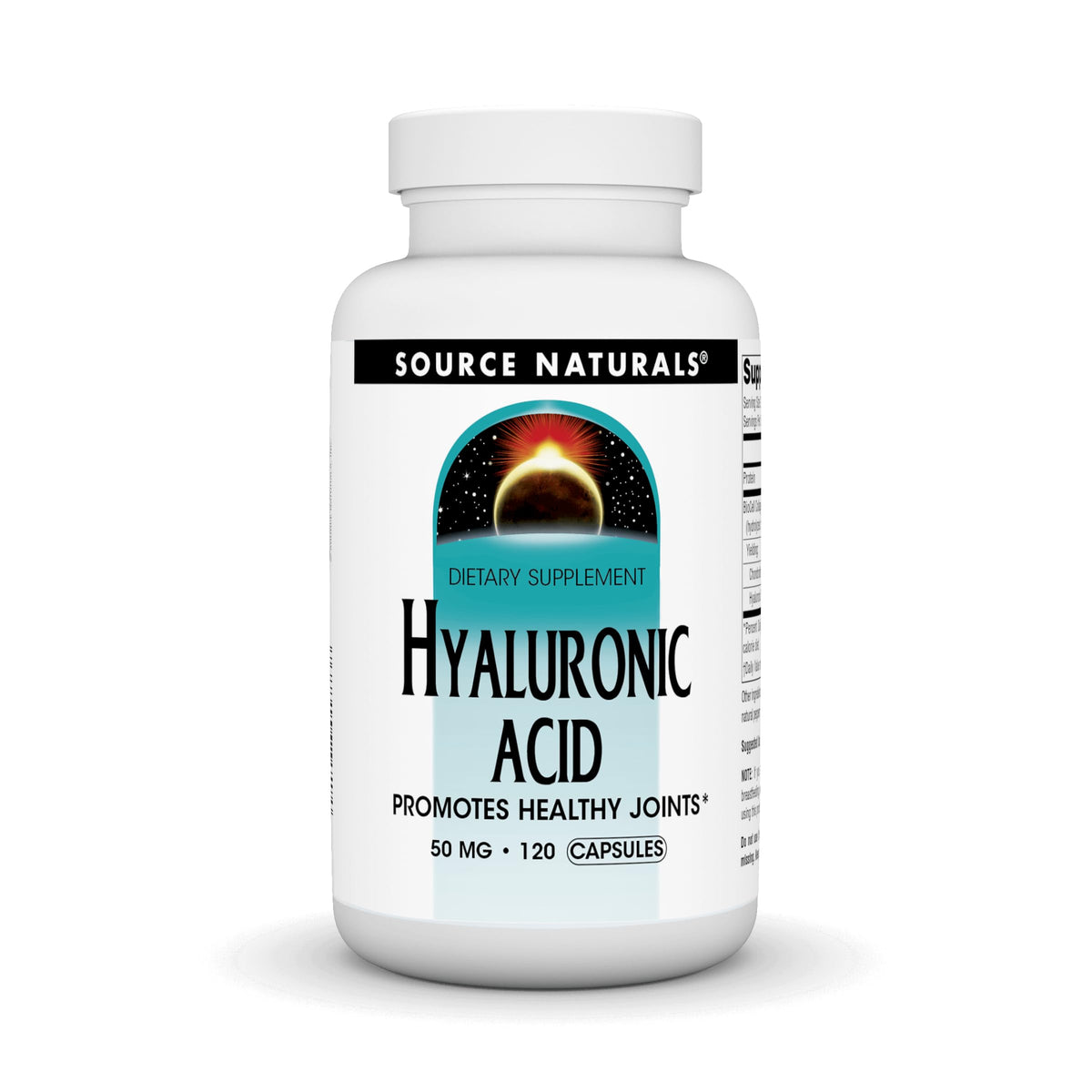 Source Naturals Hyaluronic Acid bottle showing joint support and absorption focus.