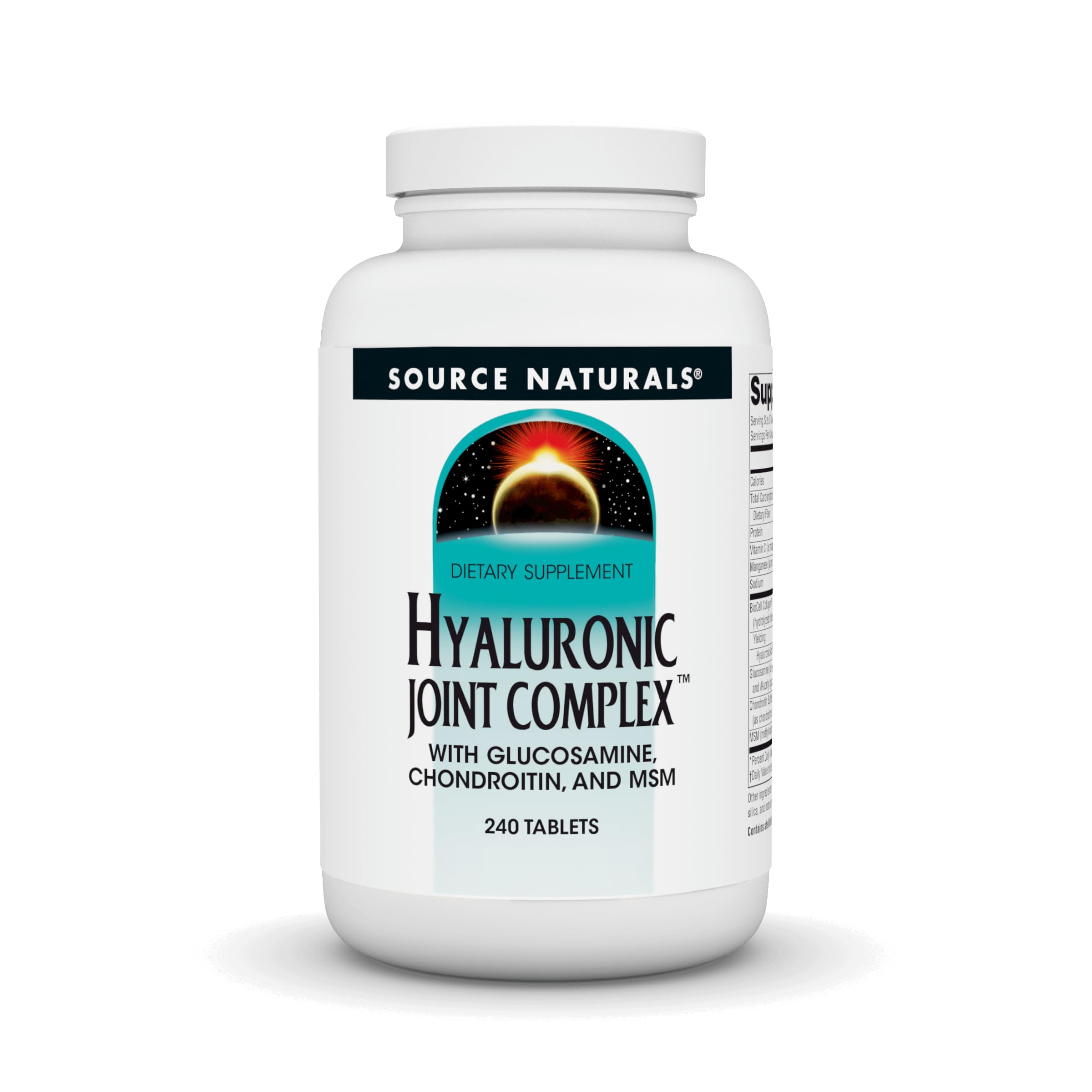 Source Naturals Hyaluronic Joint Complex bottle front; potential joint lubrication support.