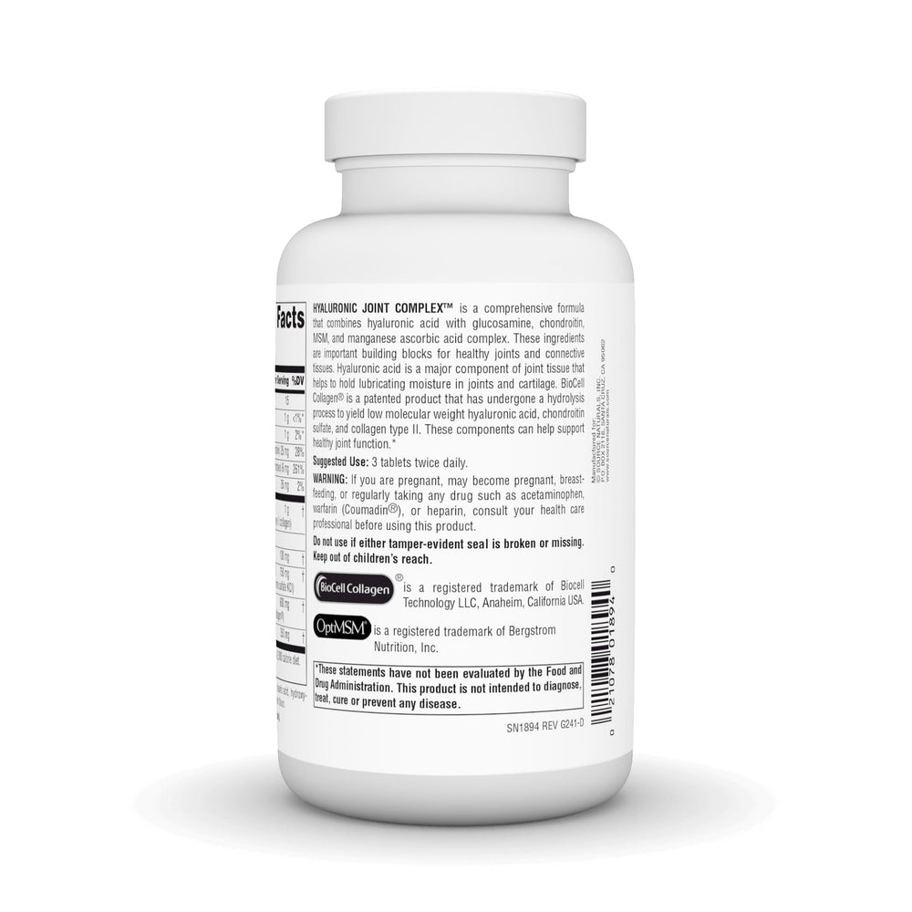 Label close-up of Source Naturals Hyaluronic Joint Complex highlighting glucosamine, chondroitin, and MSM ingredients.