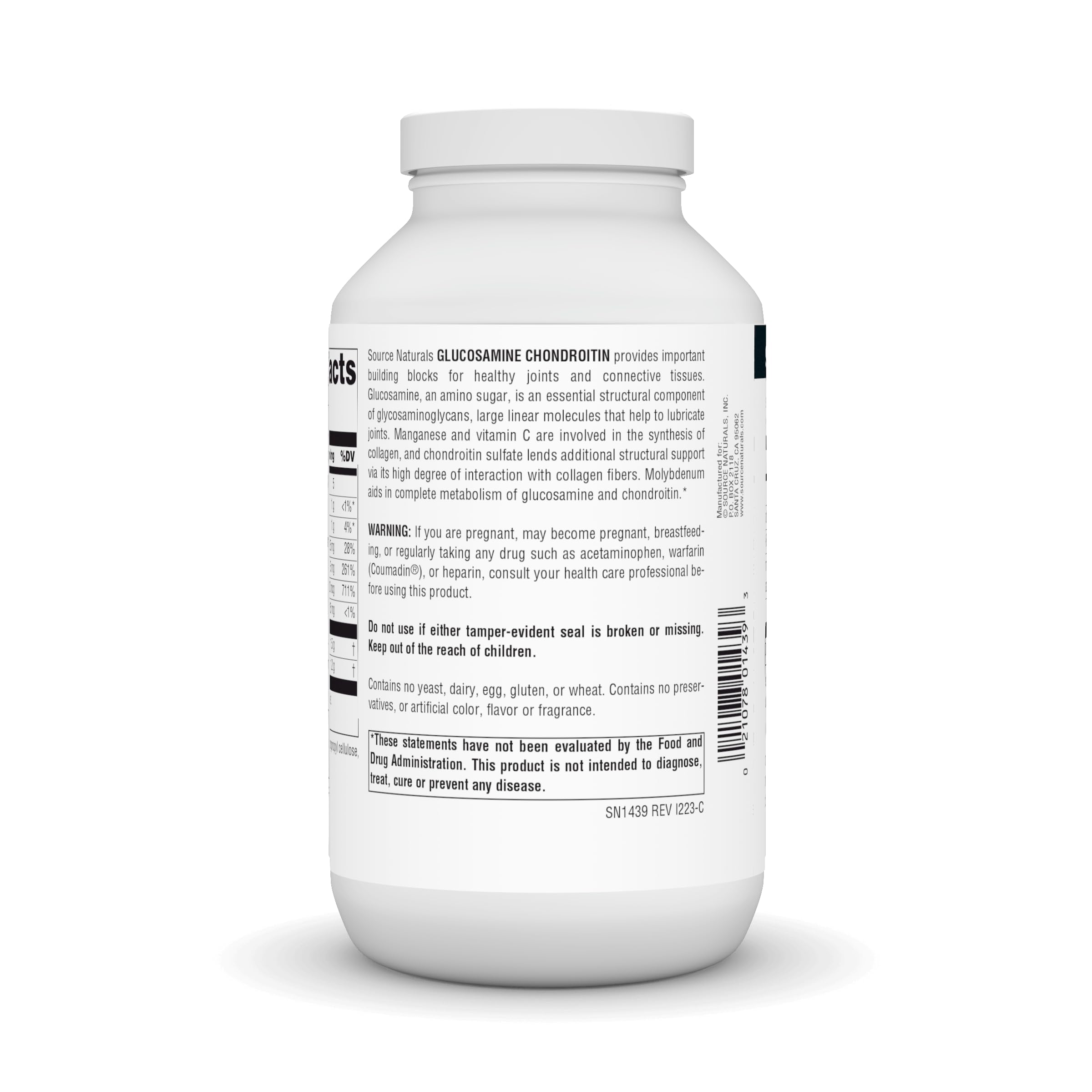 Source Naturals ingredients panel highlights glucosamine and chondroitin benefits for joints.