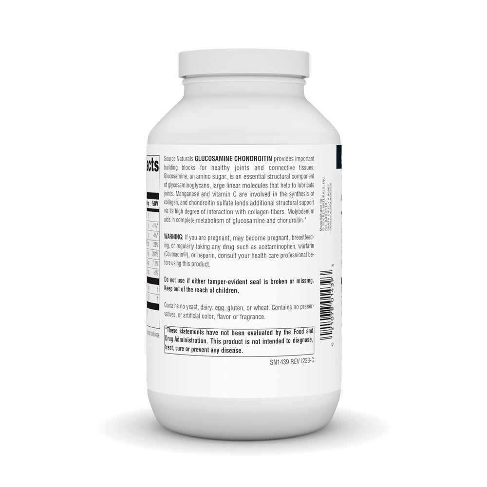 Source Naturals ingredients panel highlights glucosamine and chondroitin benefits for joints.