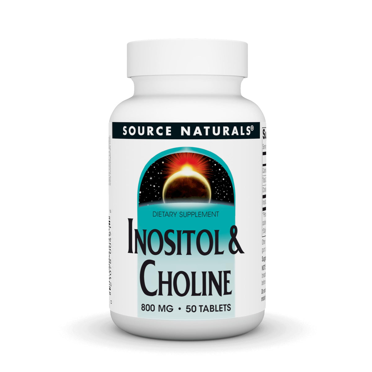 Source Naturals Inositol & Choline 800 mg bottle closeup for daily nerve support.