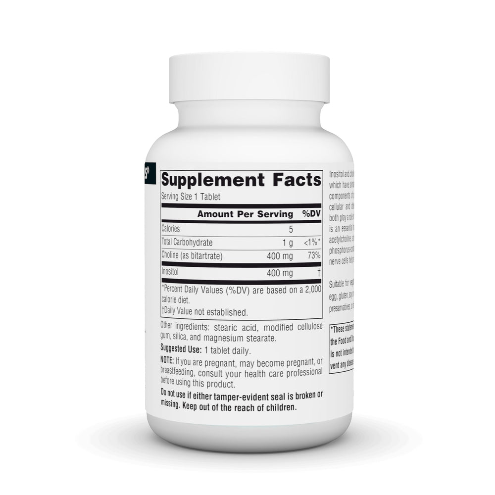 Source Naturals Inositol & Choline 800 mg tablets viewed for easy daily use.