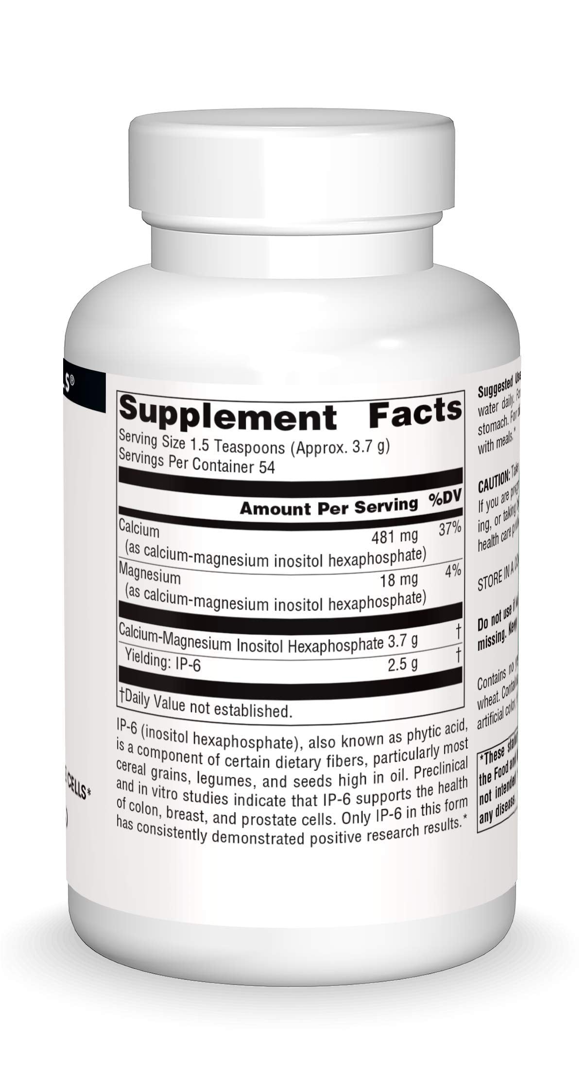 Source Naturals IP-6 Powder shows calcium-magnesium IP-6 complex.