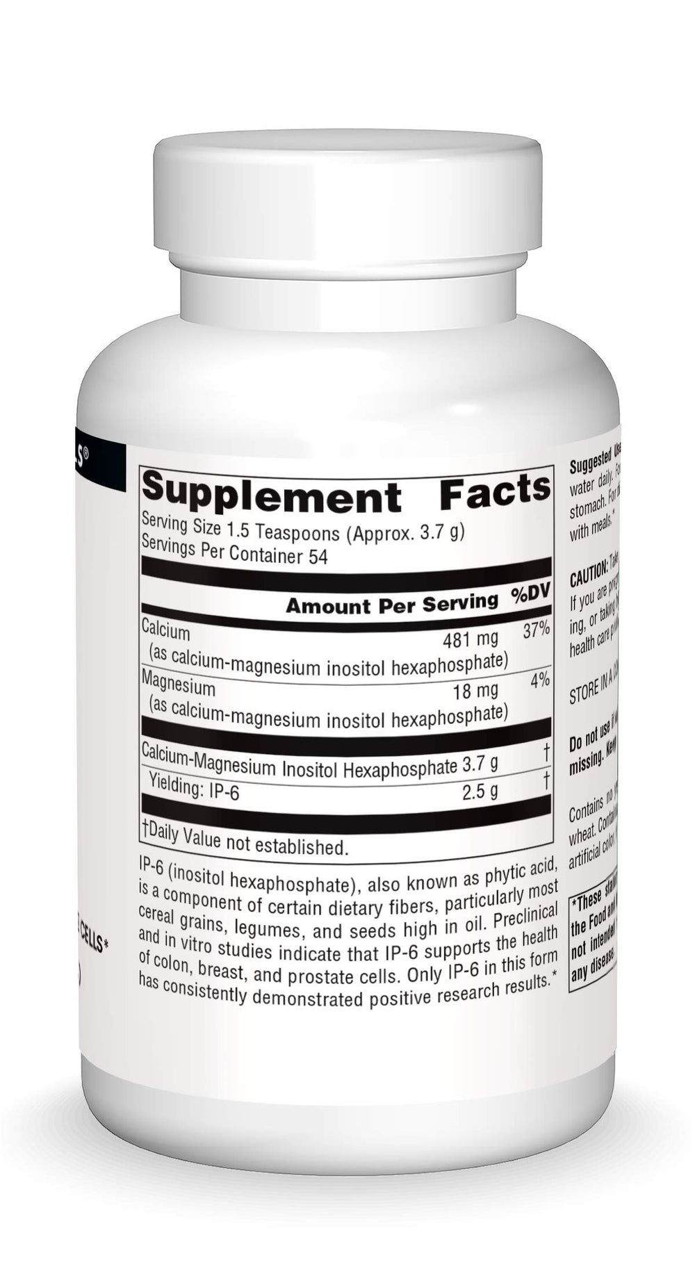 Source Naturals IP-6 Powder shows calcium-magnesium IP-6 complex.