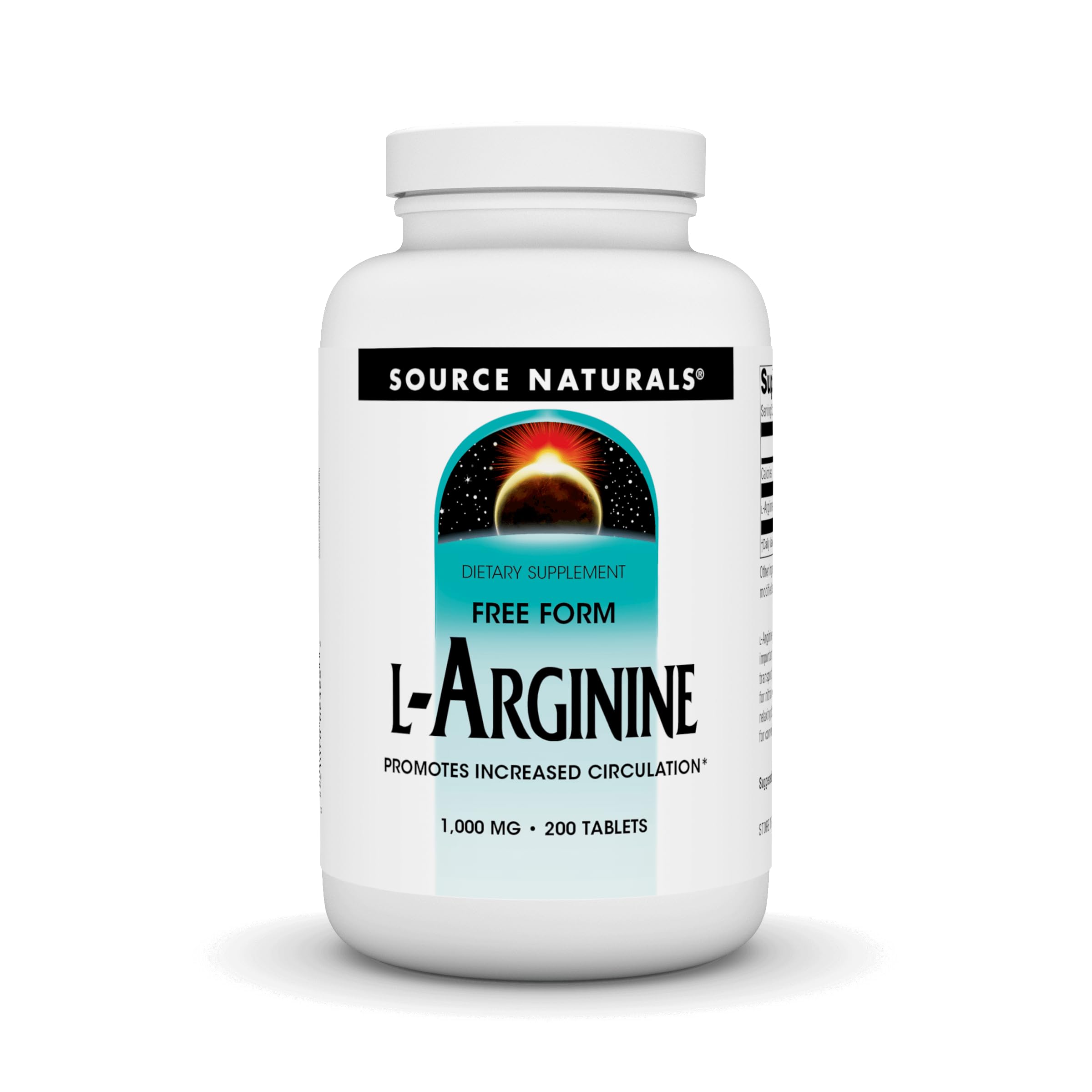Source Naturals L-Arginine Free Form 1000 mg bottle front with clear dosage label for easy shopping