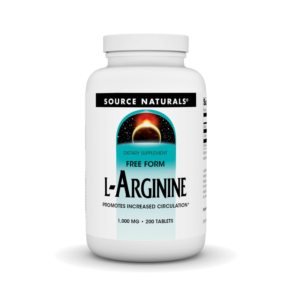 Source Naturals L-Arginine Free Form 1000 mg bottle front with clear dosage label for easy shopping