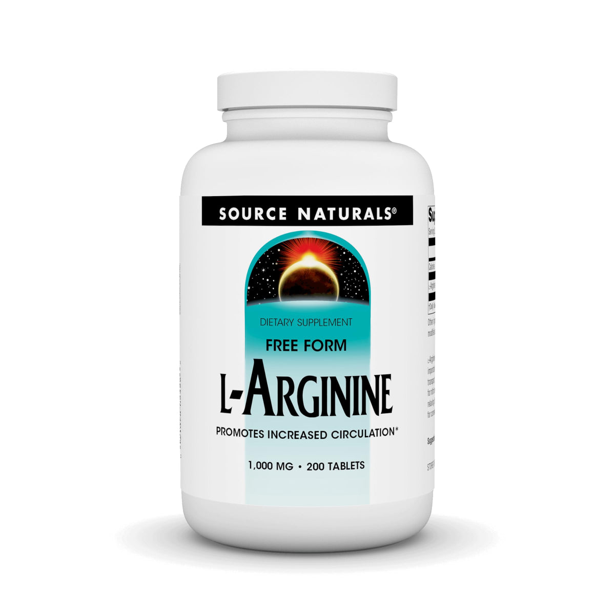 Source Naturals L-Arginine Free Form 1000 mg bottle front with clear dosage label for easy shopping