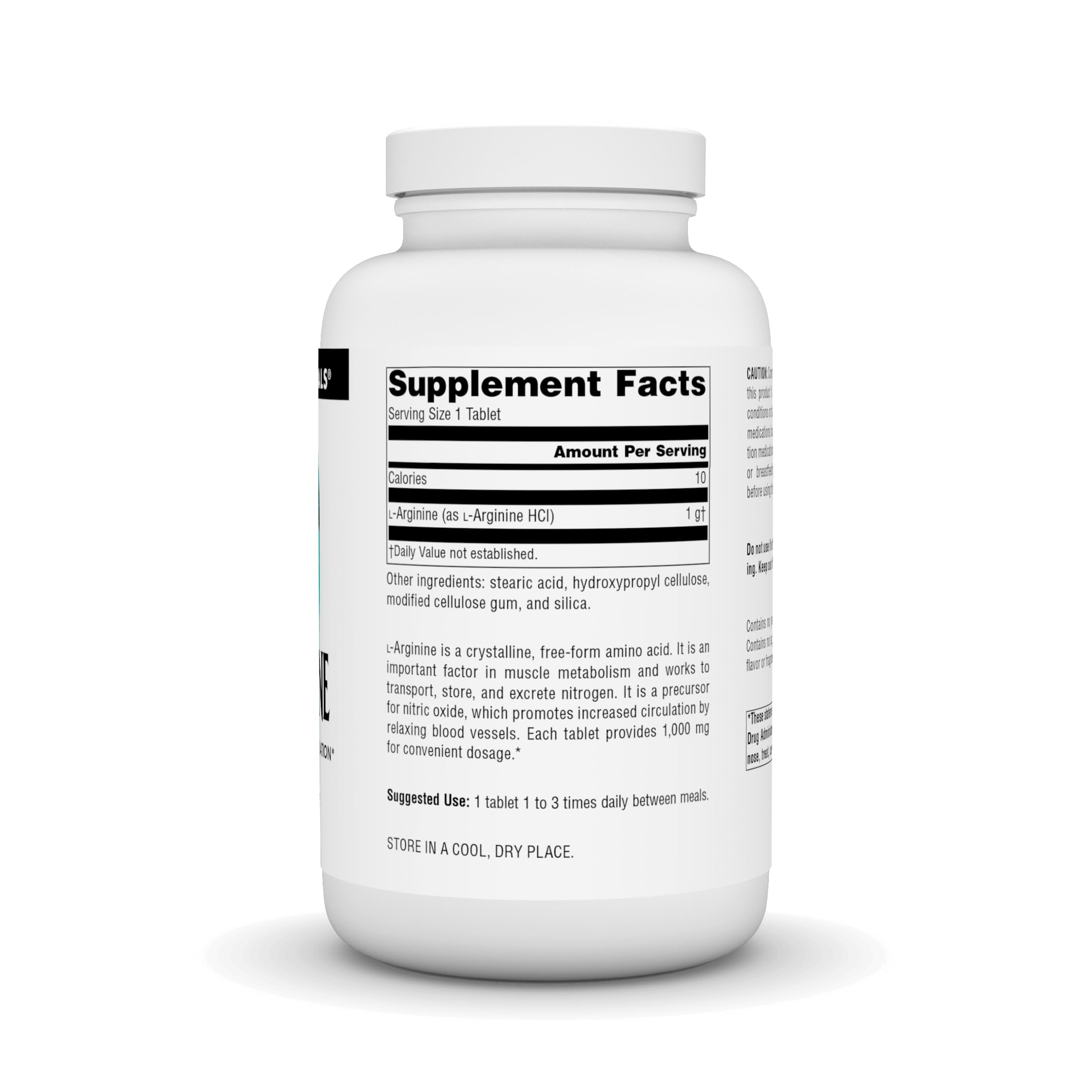 Source Naturals L-Arginine Free Form label close-up showing dosage information for shoppers