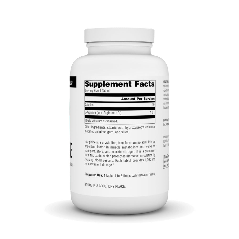 Source Naturals L-Arginine Free Form label close-up showing dosage information for shoppers