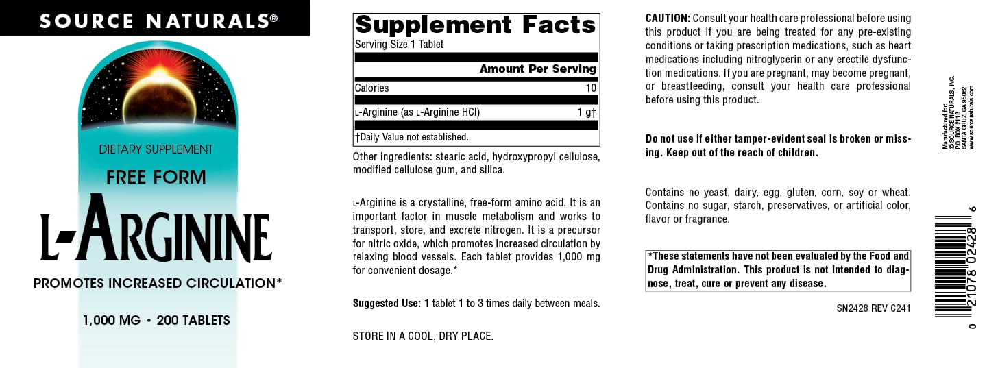 Tablets display of Source Naturals L-Arginine Free Form with 1000 mg per tablet