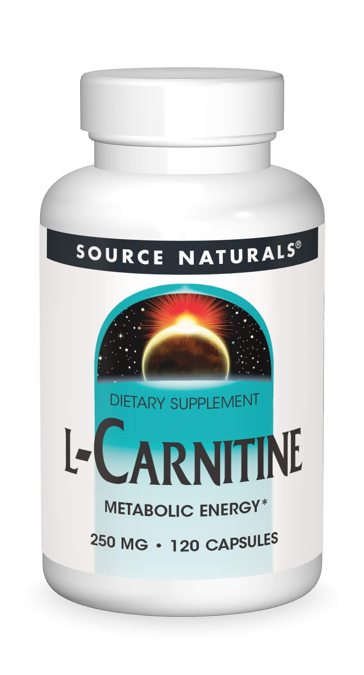Source Naturals L-Carnitine 250mg bottle front, promoting daily energy.