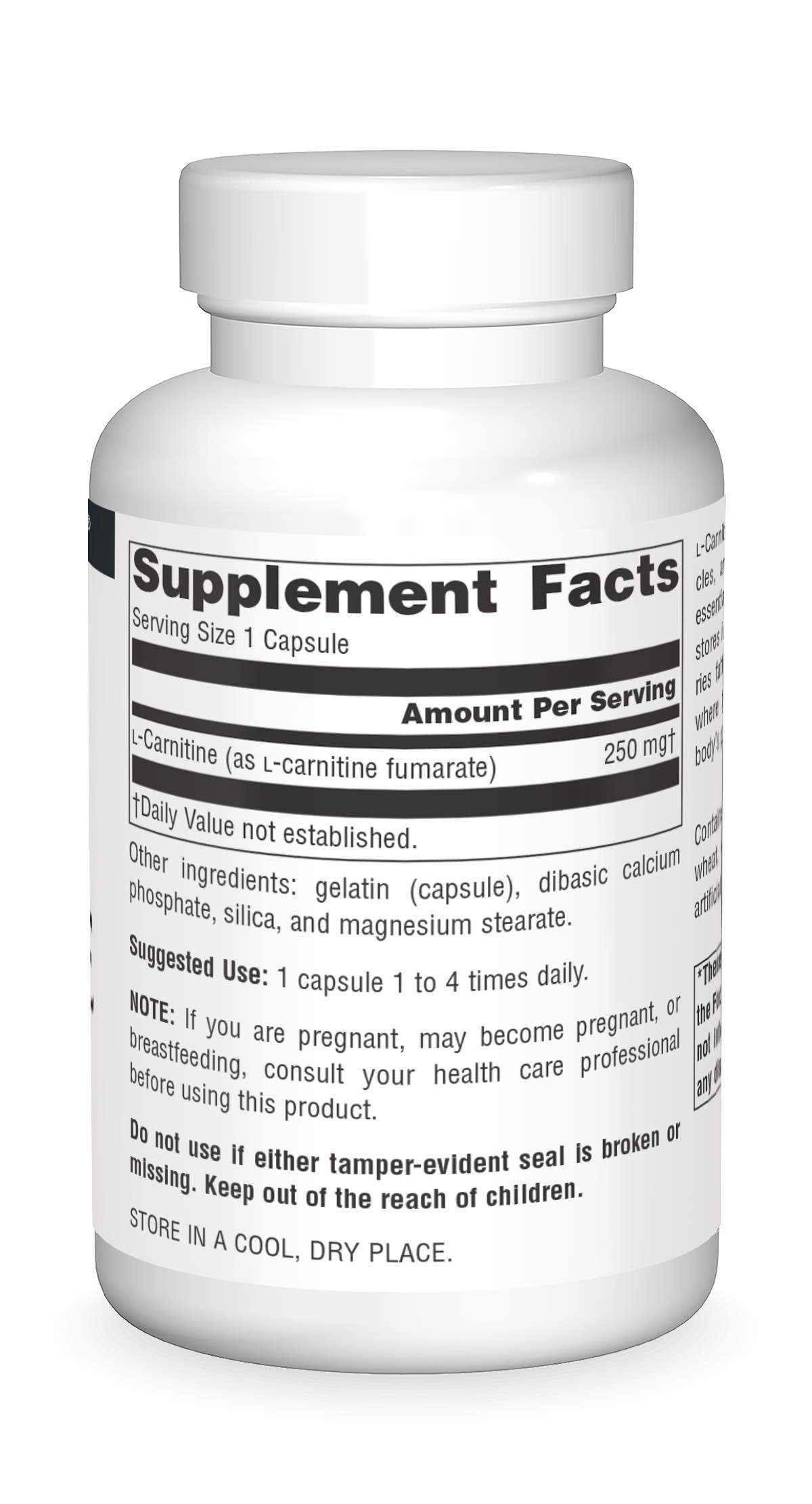 Source Naturals L-Carnitine label closeup highlighting 250mg strength and quality.