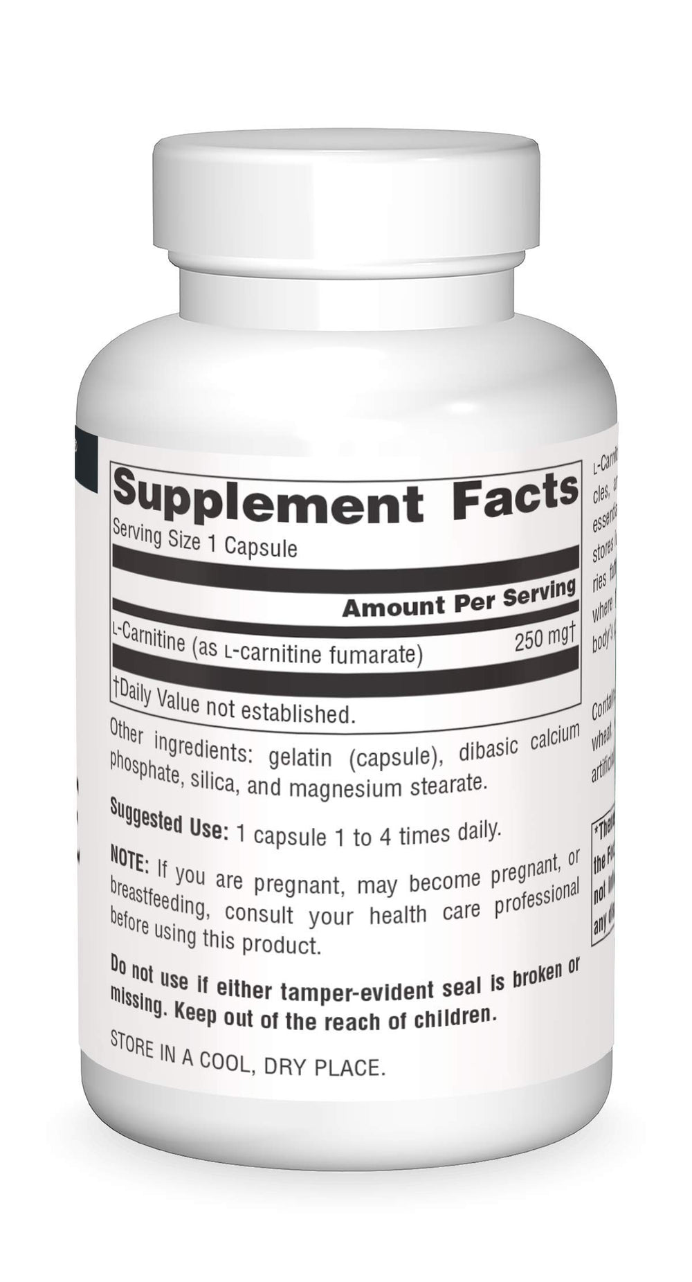 Source Naturals L-Carnitine label closeup highlighting 250mg strength and quality.