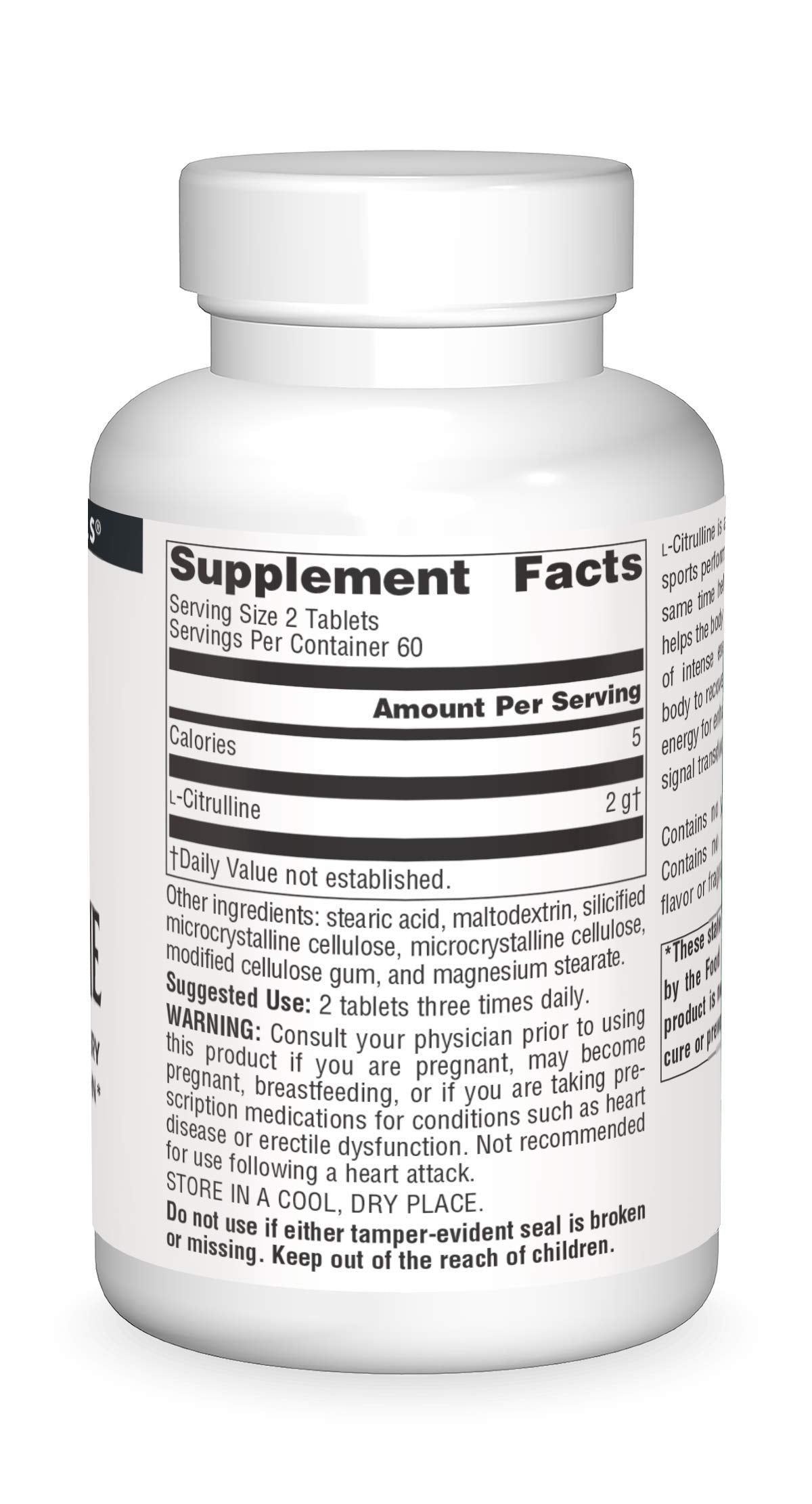 Source Naturals L-Citrulline packaging highlights 120 tablets and manufacturing.