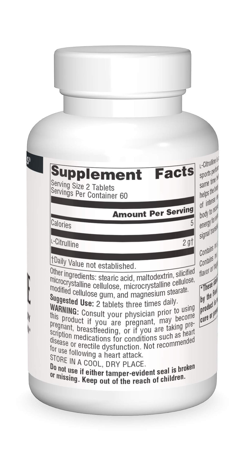 Source Naturals L-Citrulline packaging highlights 120 tablets and manufacturing.