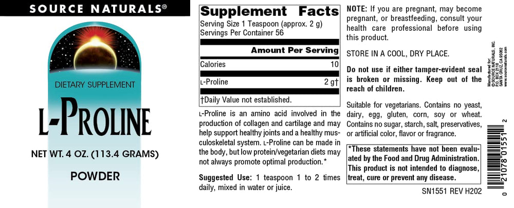 Close-up of the L-Proline label showing vegetarian formula.