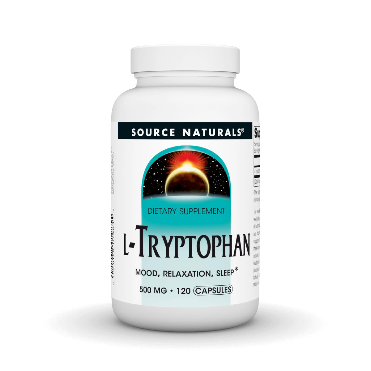 Source Naturals L-Tryptophan bottle label highlighting mood and relaxation potential.