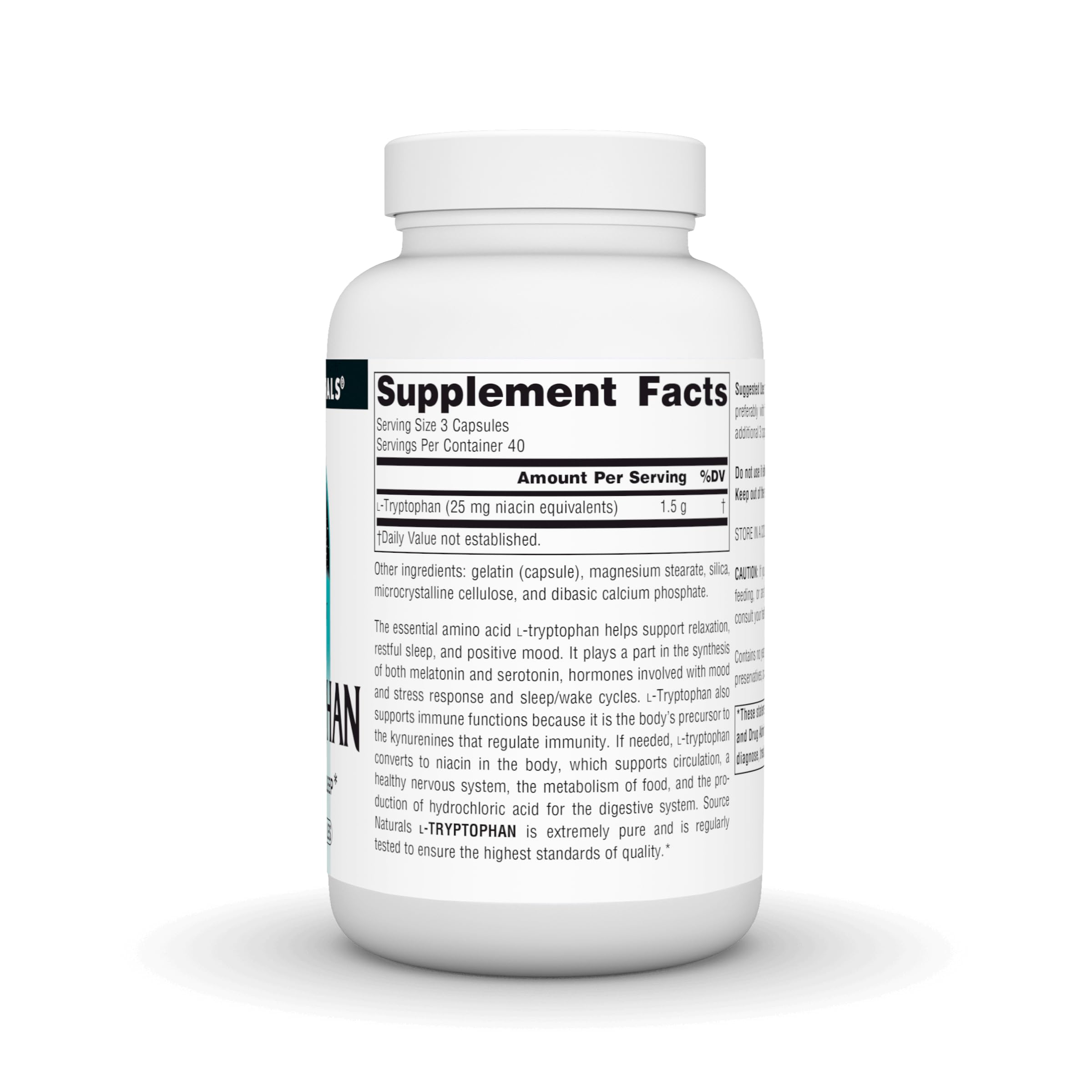Source Naturals L-Tryptophan capsules closeup showing 500 mg dosage for daily use.