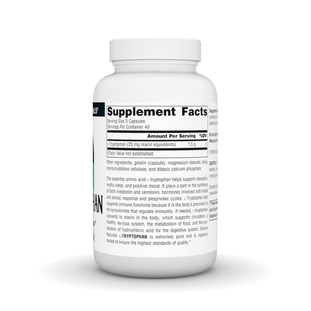 Source Naturals L-Tryptophan capsules closeup showing 500 mg dosage for daily use.